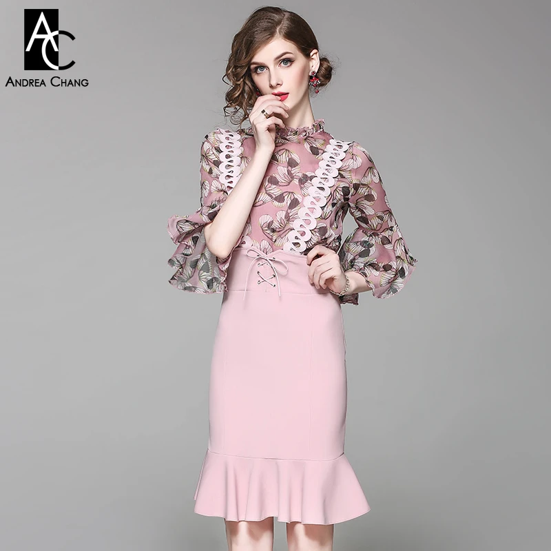 春夏滑走路デザイナー女性衣装花柄プリントピンクブラウスレースストラップピンクスカートオーバーオールヴィンテージかわいい衣装 Designer Outfits Women Outfitsrunway Women Aliexpress