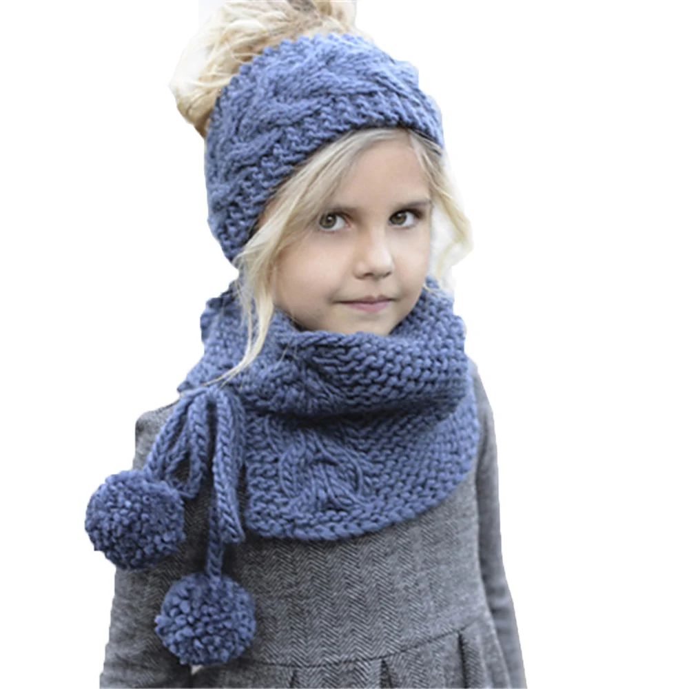 Детский вязаный шарф и шапка комплект роскошные зимний теплый вязанный шапки и шарфы для женщин с шапка с помпоном обувь мальчиков
