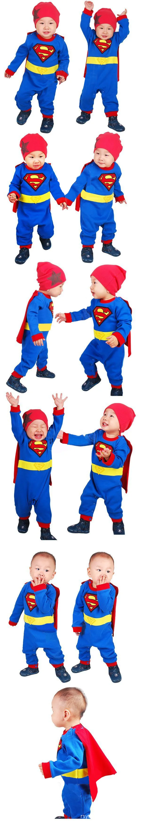 Комбинезоны для маленьких мальчиков и девочек из хлопка; Осенний комбинезон с длинными рукавами и накидкой в стиле Супермена; костюм для малышей