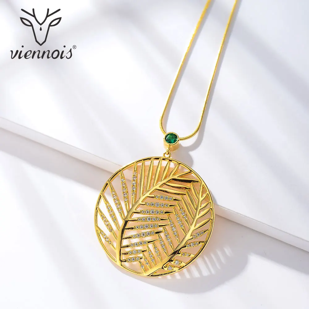 

Viennois Long Necklaces Hollow Out Leave Gold Color Crystal Rhinestone For women Round Necklaces Girl