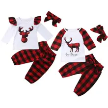 Рождественские клетчатые топы с оленем для новорожденных мальчиков и девочек, штаны повязка на голову, одежда
