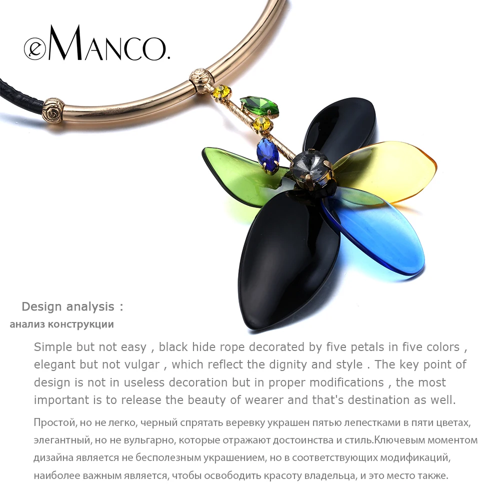 Acrylic flower pendant leather cord necklace eManco spring new arrival women crystal zinc alloy necklace fashion jewelry