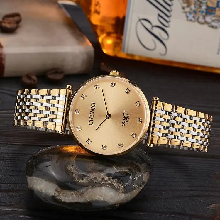 Chenxi брендовые модные повседневные парные часы в деловом стиле для мужчин и женщин, золотые водонепроницаемые кварцевые амулеты из нержавеющей стали - Цвет: Gold Big Size