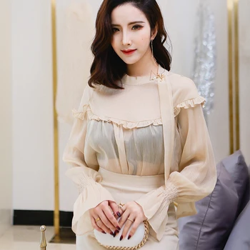 

spring new perspective sexy bright silk Shirt temperament Speaker sleeves lace loose shirt female Female Sexy Tops Flare Sleeve