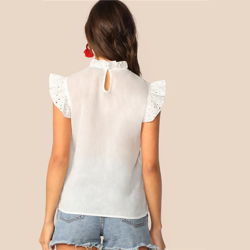 COLROVIE белая однотонная блузка с рюшами и вышивкой с ушками, женская рубашка, лето, корейские элегантные женские топы и блузки