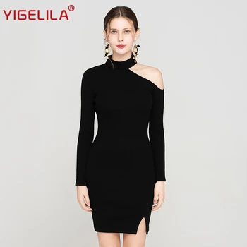 

YIGELILA Fashion Women Black Knitted Dress Autumn O-neck One Shoulder Full Sleeve Empire Knee Length Solid Sheath Dress 64109