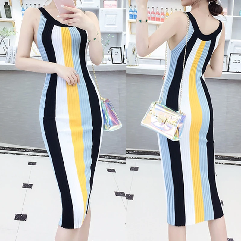 2019 New Summer Dress Women Fashion Sexy Slimming Hanging Neck Striped Knit Bag Hip Dress Sleeveless Bodycon Dresses Plus Size