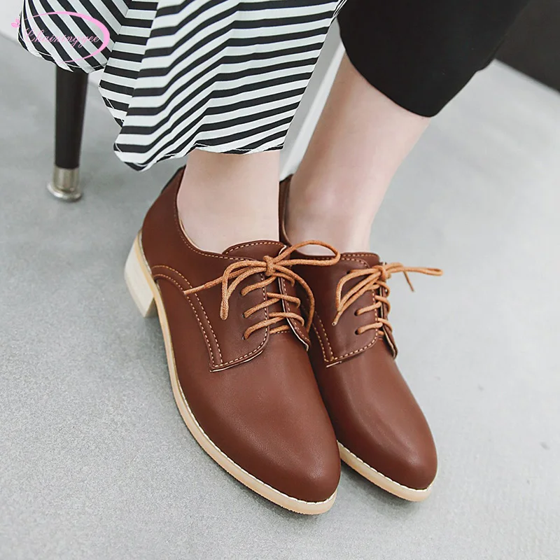 

British college style round toe woman pumps fashion lace-up black white grey brown pink purple low with thick women's shoes