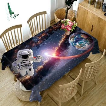 

High Quality 3d Round Tablecloth Space Astronaut & Blue Planet Pattern Washable Dustproof Thicken Cotton Rectangular Table Cloth
