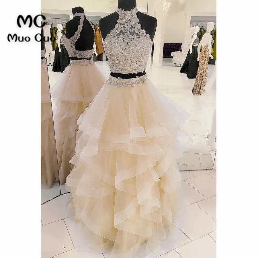 Champagne organza strapless two pieces long prom dress, long lace ruffles evening dress