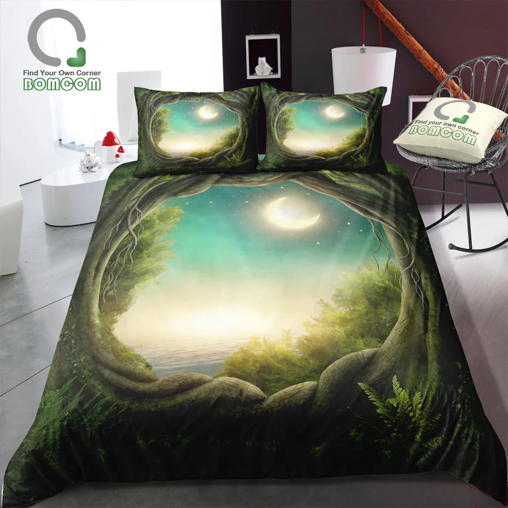

BOMCOM 3D Digital Printing bedding set mysterious night lake forest moon view in tree hole Duvet Cover Set 100% Microfiber