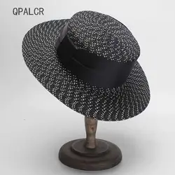 QPALCR бумажные соломенные шляпы для женщин лоскутное черный, белый цвет Защита от солнца шляпные ленты краев летняя соломенная шляпа