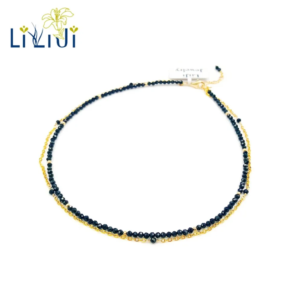 Lii Ji Real Black Spinel Double Chokers Necklace Natural Stone Handmade Delicate Female Jewelry for Party Wedding