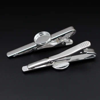 

14mm Silver Plated Blank Round Bezel on Center Bar Cabochon Bases Settings Tie Clips Clasps Men's Jewelry Findings Wholesale
