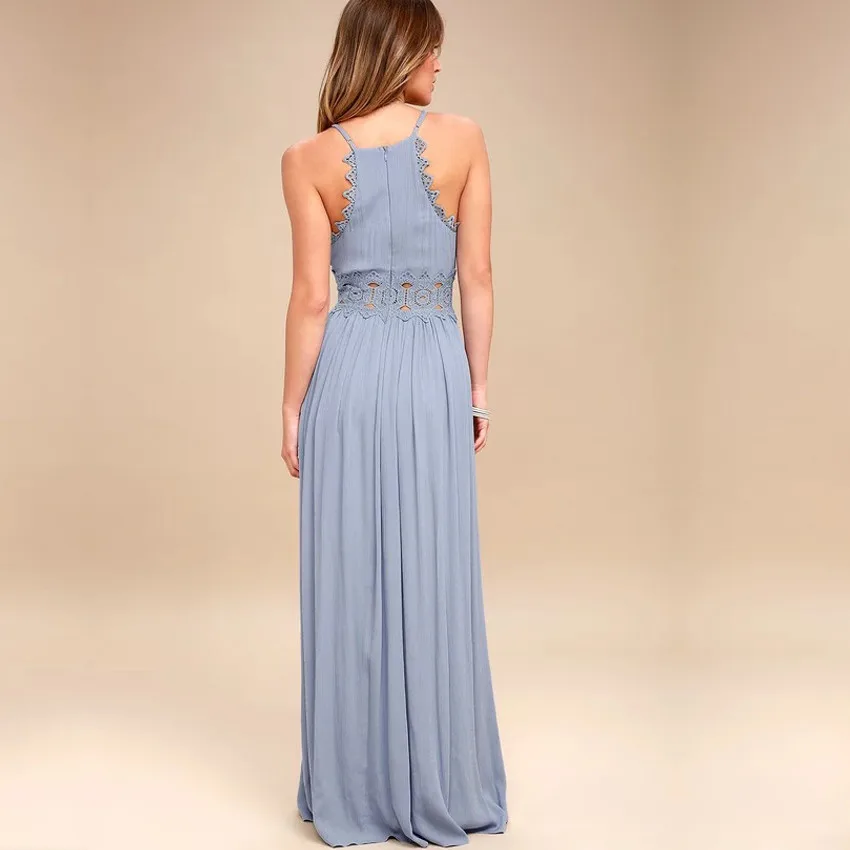 Najtaniej Elegancka bez pleców, ze wstążką długa sukienka kobiety drążą wieczór letnia sukienka plażowa Party sexy niebieskie sukienki maxi vestidos sundress