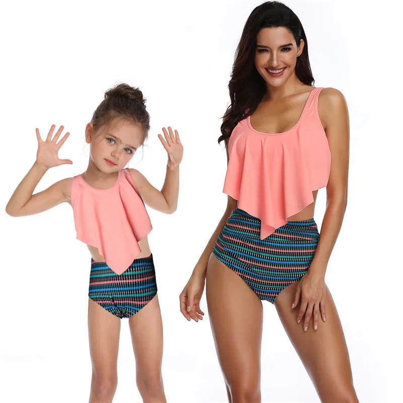 

Funfeliz Family Matching Outfit Swimsuit Girls Bathing Suit Kids Ruffle Tankini Mother Daughter Two Pieces Swimwear High Waist