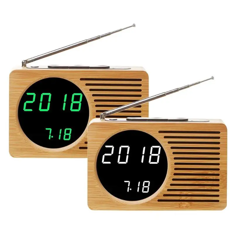 

ALLOYSEED VODOOL 160*100*45mm FM Radio Wood Grain Bamboo LED Alarm Clock LCD Display Home Desktop Clock Color Screen Display