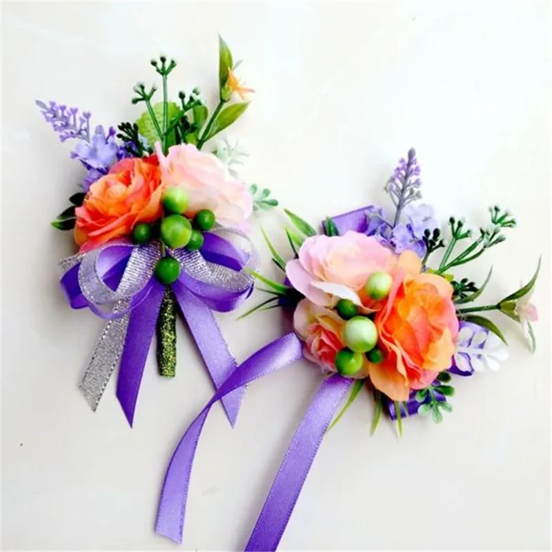 New 4 pcs/lot Man corsage for Groom groomsman Wrist flowers Purple