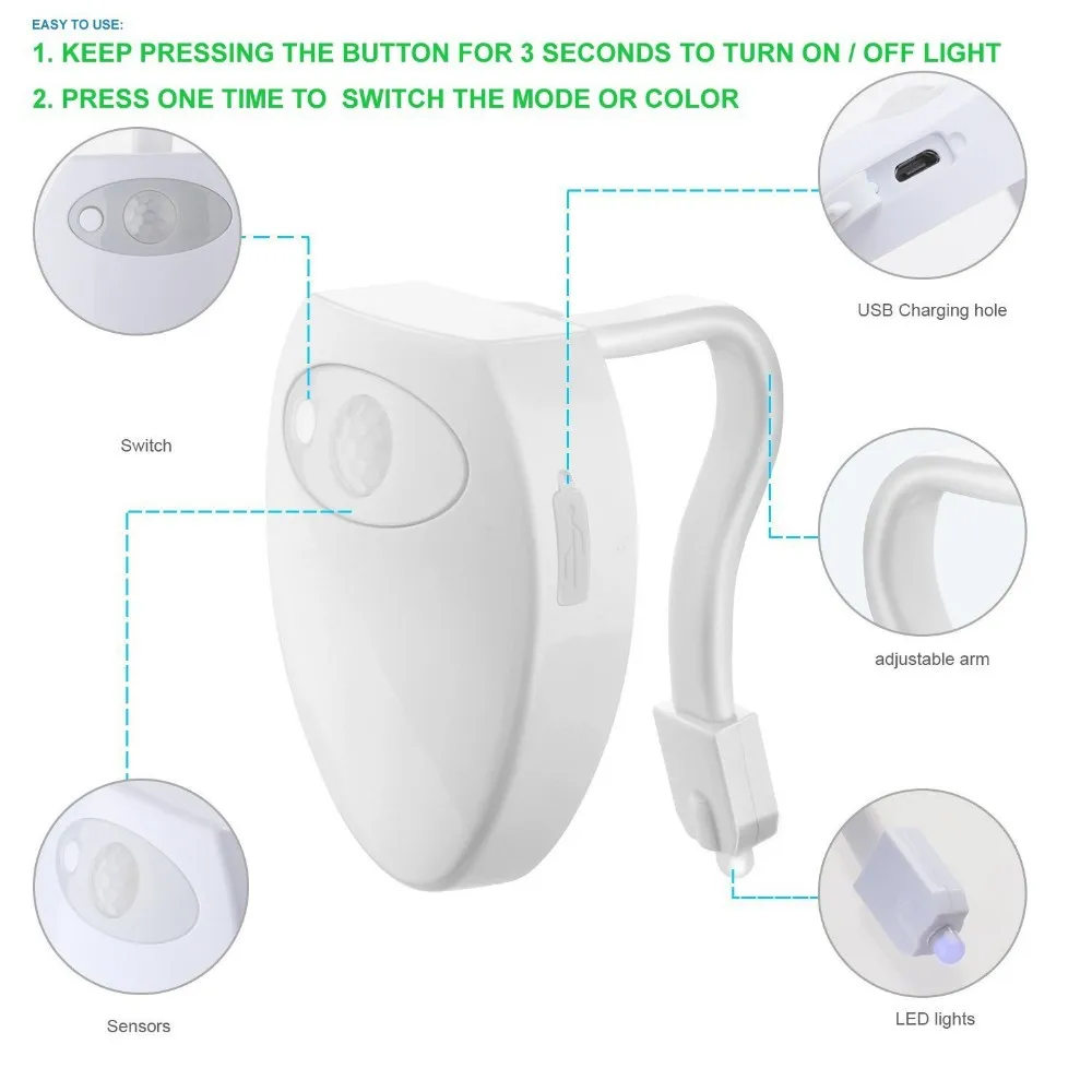 8 цветов, Перезаряжаемый USB светильник для ванной комнаты, туалет, подсветка для унитаза, автоматический датчик движения, Ночной светильник со светодиодной батареей, встроенный