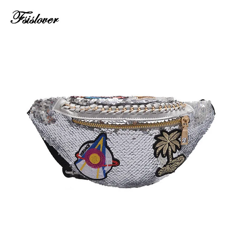 

Fashion Neutral Sequins Glitter Waist Bag Embroidery Fanny Pack Pouch Hip Purse Leather Chest bag Women Shoulder Bag Waist Packs