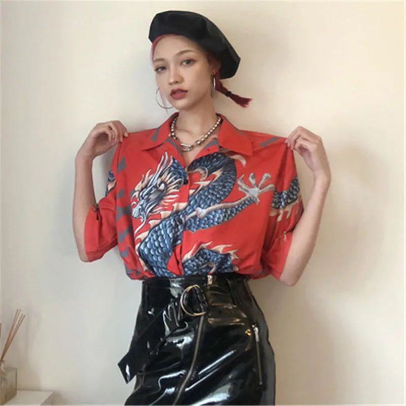 

Harajuku vintage design women shirt dragon turn-down collar Short Sleeve Shirt Women Tops shirt Femme Streetwear Casual Blouse