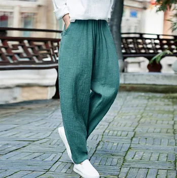 

Fashion Women Pockets Harem Pants Elastic Waist 2018 Spring New Casual Vintage Trouser Loose Quality Women Cotton Linen Pants