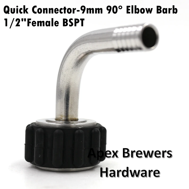 

Quick Connector, 9mm 90 Degree Elbow Barb, 1/2" Female BSPT, Silicone Grip, Brewer Hardware, Pump Fittings