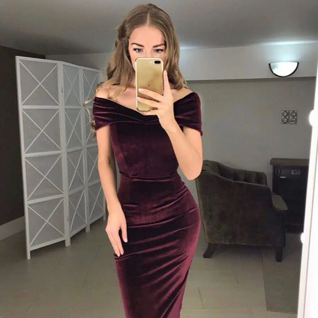

Elegant Womens Dress Sexy Long Dress Women undresses Velvet Off Shoulder plus size feminino Split Maxi Cocktail Party