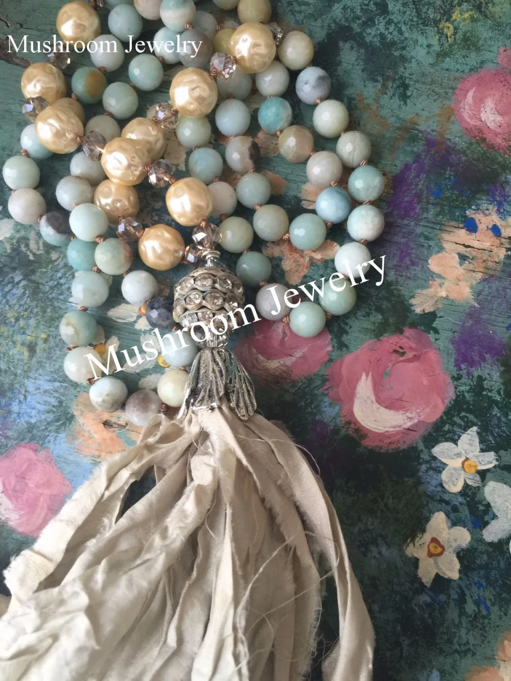 

Boho Chic Hand Knotted Faceted Amazonite Beaded And Pearl Beads Glam Sari Silk Tassel Necklace
