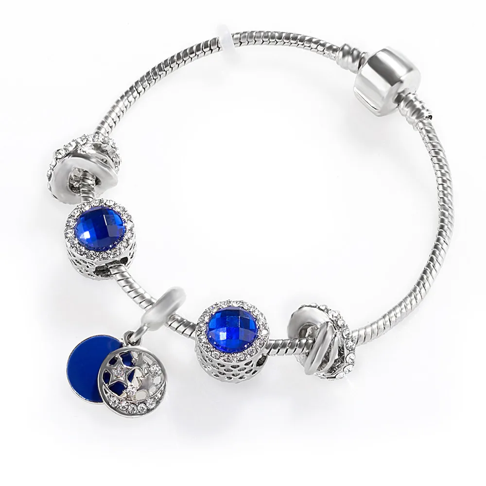 

925 Fashion Silver Charms Bracelet Bangle For Women Crystal Flower Beads Fit Brand Bracelets Jewelry
