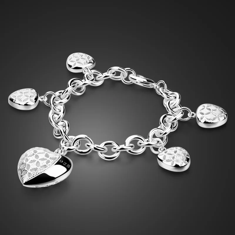 Женский 925 пробы Серебряный браслет Симпатичный форме сердца кулон браслет Серебряные ювелирные изделия подарок на день рождения твердых Серебряный Браслет bijoux