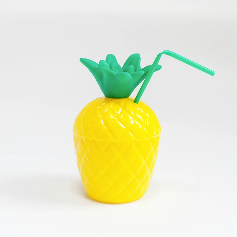 Plastic Tropical Fruit Shape Pineapple Drink Cups With Green Straws
