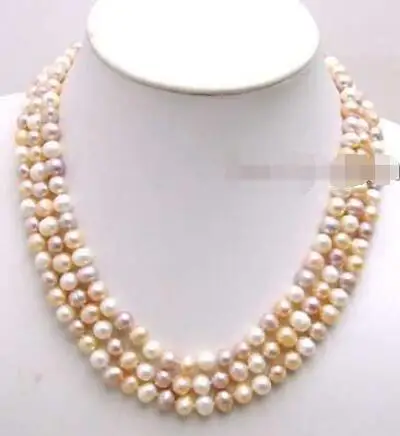 

Free Shipping>>new hot SALE 9-10MM MULTICOLOR Round Natural Freshwater PEARL 3 STRANDS Necklace-5 190