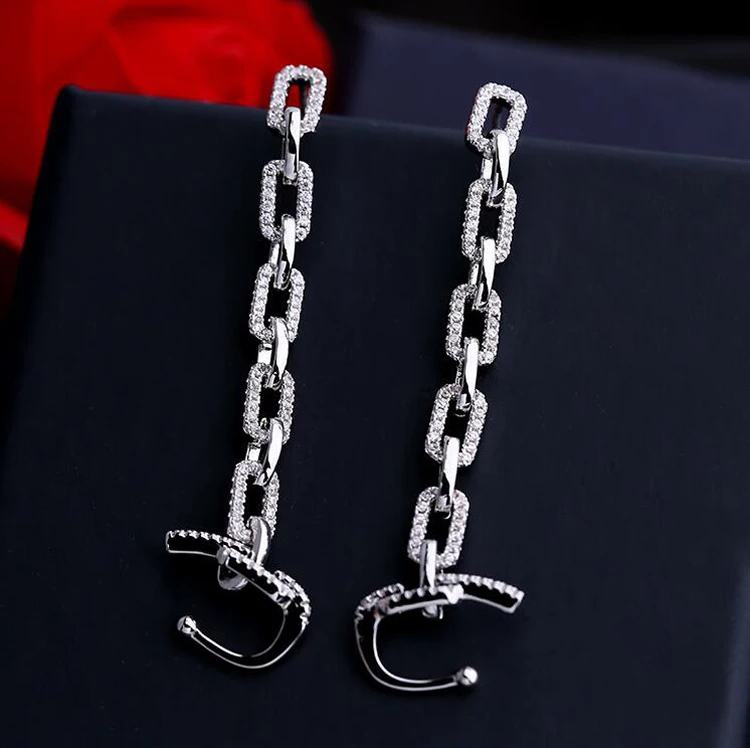 Стиль, микро проложенный AAA+ Премиум циркон, цепочка из кристаллов, звено, серьги-манжеты, модные серебряные серьги-гвоздики для женщин P