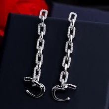 Стиль, микро проложенный AAA+ Премиум циркон, цепочка из кристаллов, звено, серьги-манжеты, модные серебряные серьги-гвоздики для женщин P