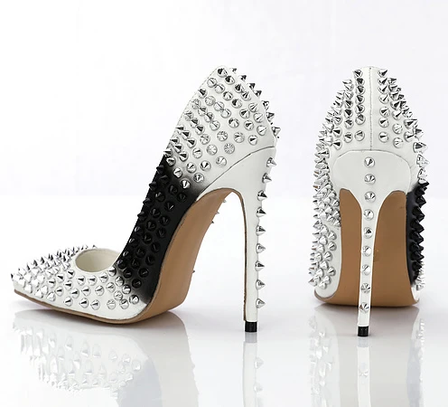 

Eunice Choo White Black Mix Color Rivet Pumps PU Leather Party Stiletos Luxury Design Women Shoes Shallow Work Pumps High Heels