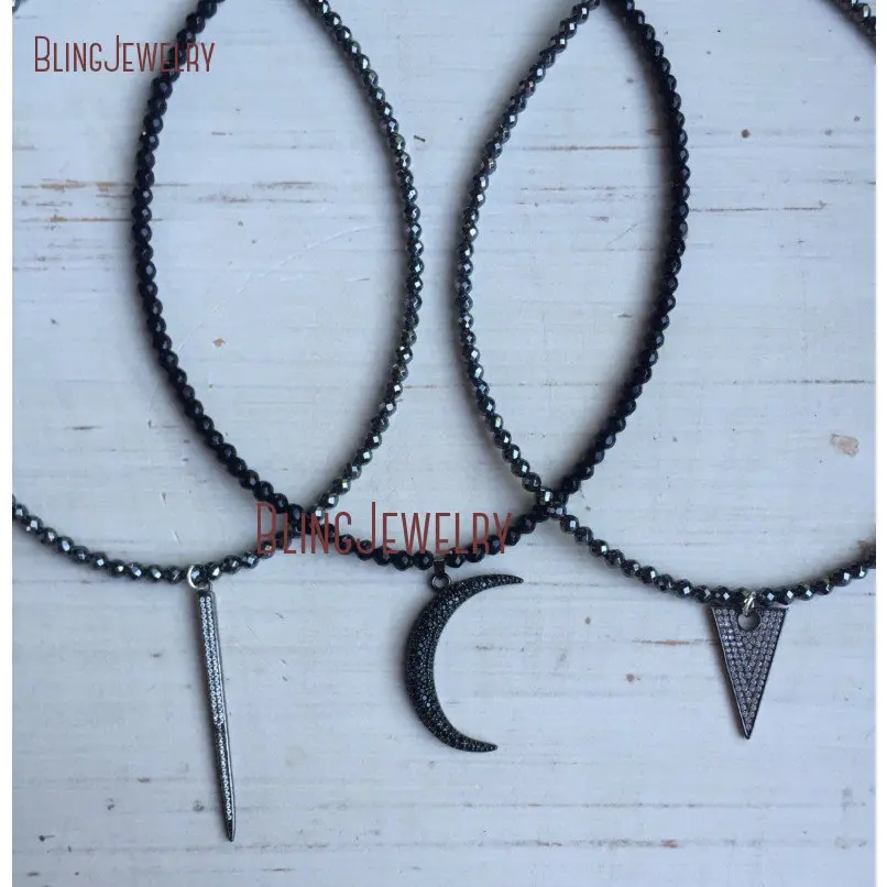 

Pave Crystal Spike Crescent Triamgle Pendant on Beaded Faceted Hematite Choker/Short Necklace NM18950