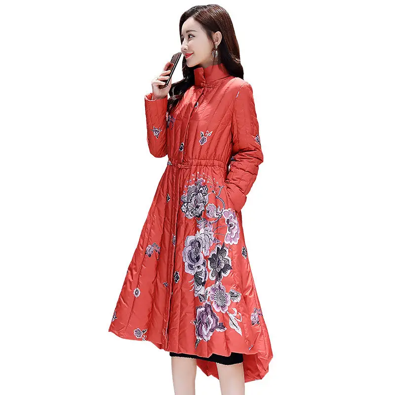 

Autumn Winter Jacket Women Parka Vintage Print Flower Cotton Jacket Elegant Slim Plus Size Vhaqueta Mujer Ladies Long Coat Q1033
