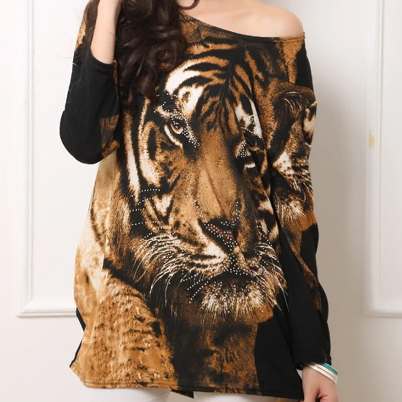 Women Sweater New 2016 Spring Winter Oversized Sweater Tiger Print Women  Casual Knitting Sweater Dress Long Pullovers Tops B312
