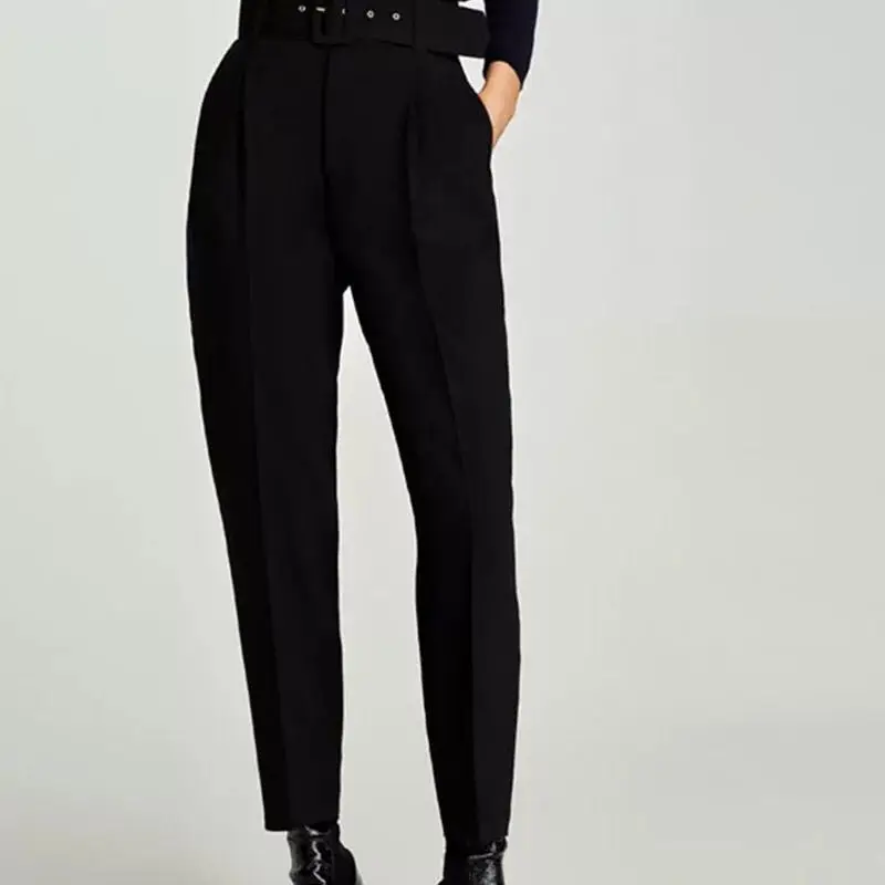 NEW Fashion Woman Black CREPE TROUSERS WITH Buckle BELT High Rise front pleats Back Sides piped pockets Long Pants