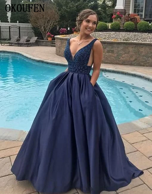 Бальное платье выпускного вечера платья с карманами 2019 v-образным вырезом темно-синего цвета без рукавов атласные специальные праздничные
