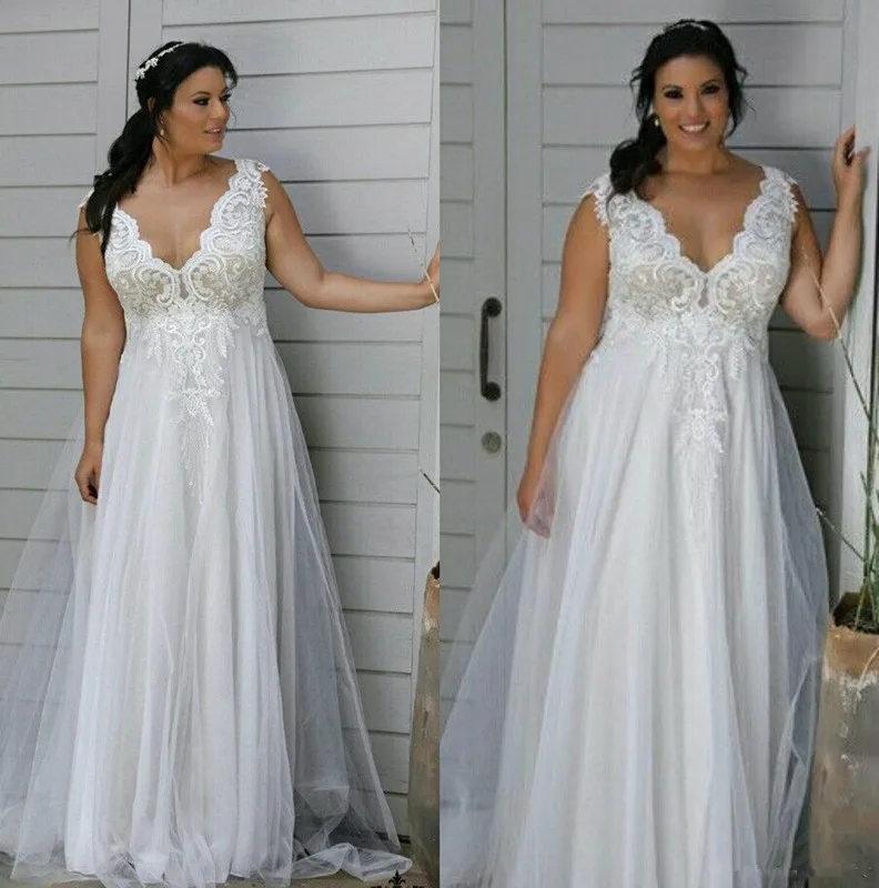 

Modest 2019 Plus Size beach Wedding Dresses V Neck Backless A Line Wedding Gowns Appliques abiti da sposa Lace Wedding Dress