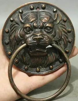 

Chinese Temple Bronze Guard Copper Lion Fu Foo Dog Statue Door Holder Knocker