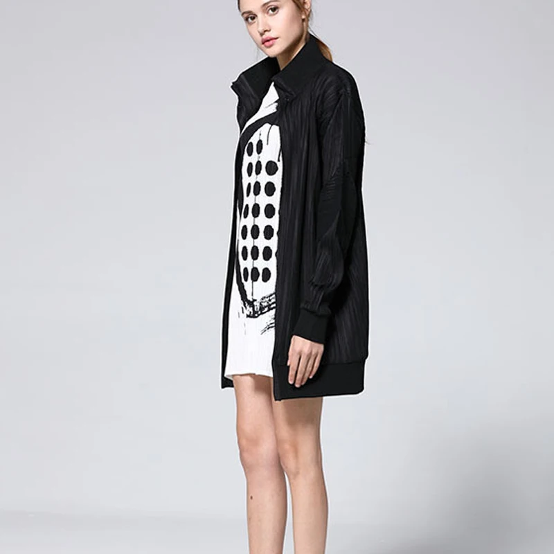 Printemps Nouvelles Taille Manteaux Design Marée Royal Base Lâche bleu Plissée Manteau Miyak Changpleat De Fermeture Grande Veste Mode Femmes Éclair 2019 Noir Solide 56q0wng
