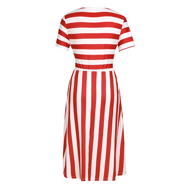 Red Black A Line Casual Dresses Women Summer Dress Short Sleeve Striped Midi Dress O Neck Pocket Summer Holiday Dresses