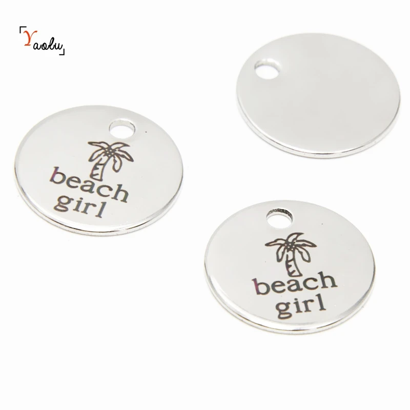 

10pcs/lot Beach Lover charm Beach Girl coconut tree message Stainless Steel Charm pendant 20mm