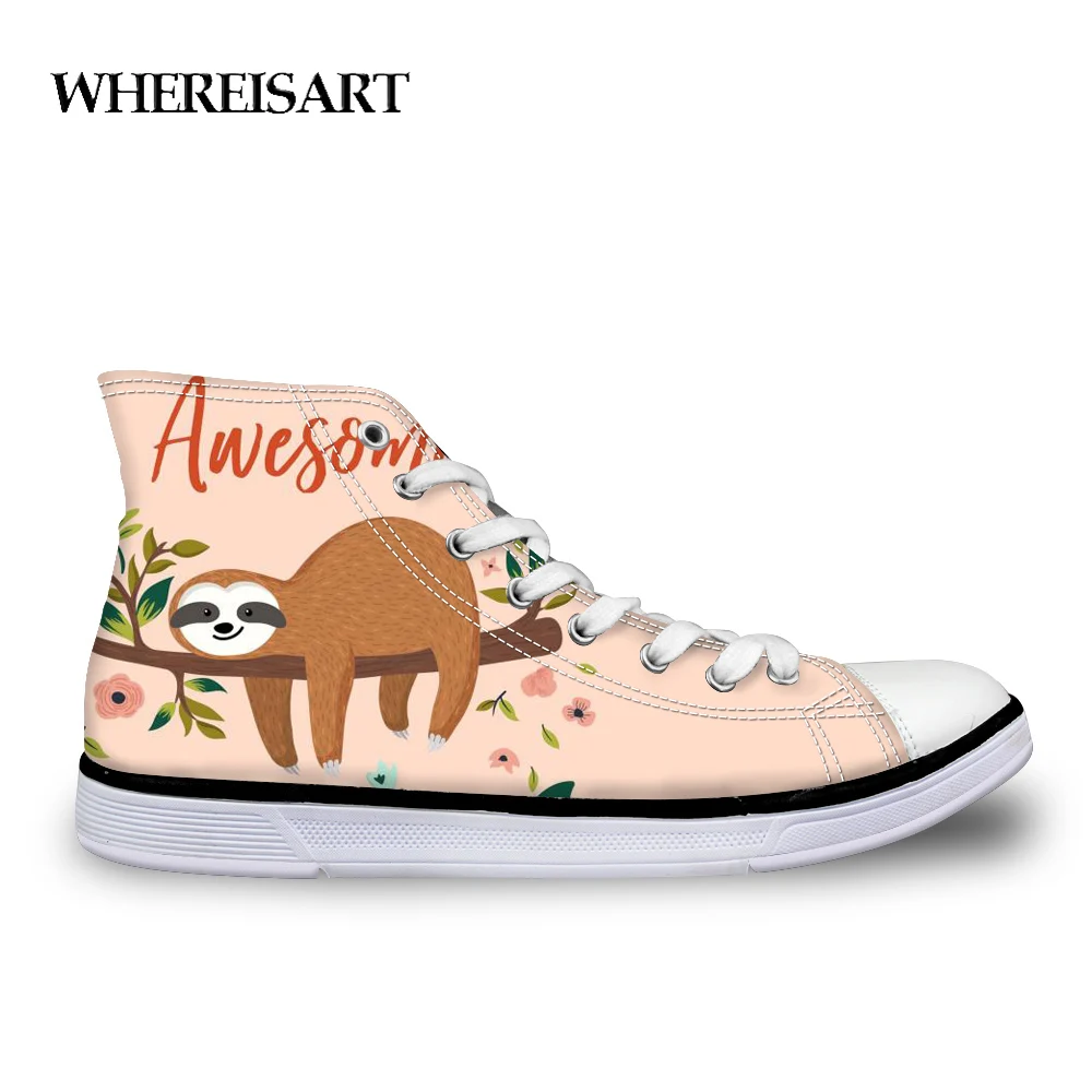 

WHEREISART Autumn Fashion High Top Women Canvas Vulcanize Shoes Woman Cute Animal Sloth Pattern Ladies Flats Shoes Leisure 2019