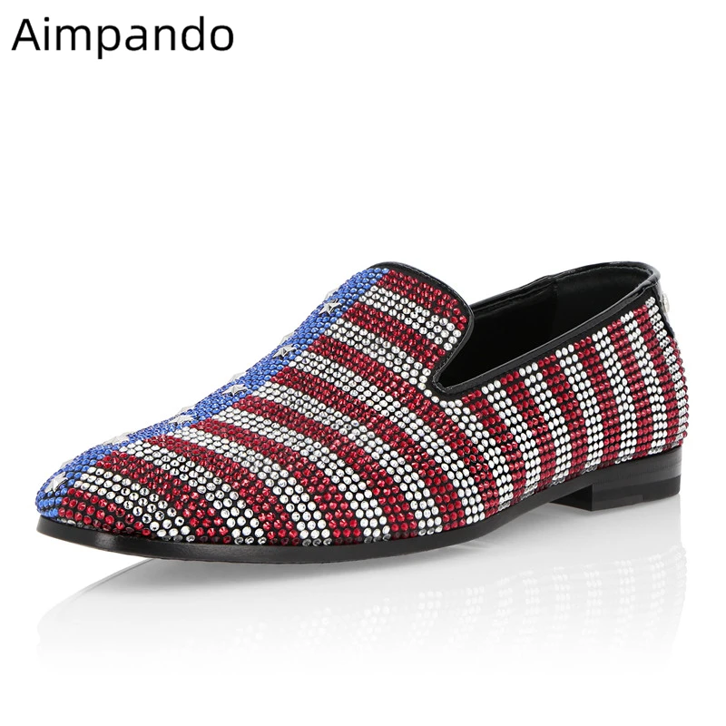 Special  Top Quality Drill Rhinestone Casual Shoes Men Striped Color Sequin Star Crystal Dress Shoes For Men