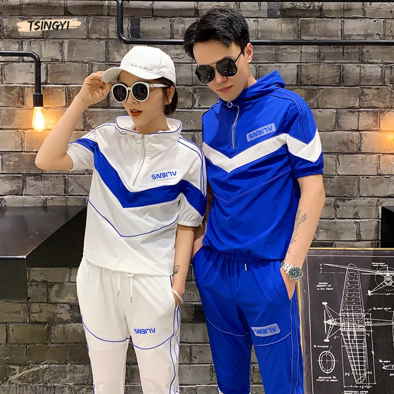 

Tsingyi 2019 Patchwork Reflective Striped Hooded Shirts+Ankle-length pants 2pcs Sets Men Women Zipper Streetwear Reflect Sets