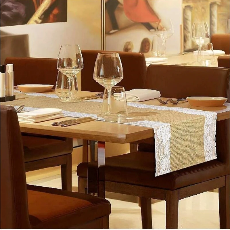Runner Da Tavolo In Tela E Pizzo Rustico – 30x275 Cm, Decorazione Per Matrimoni E Feste Vintage